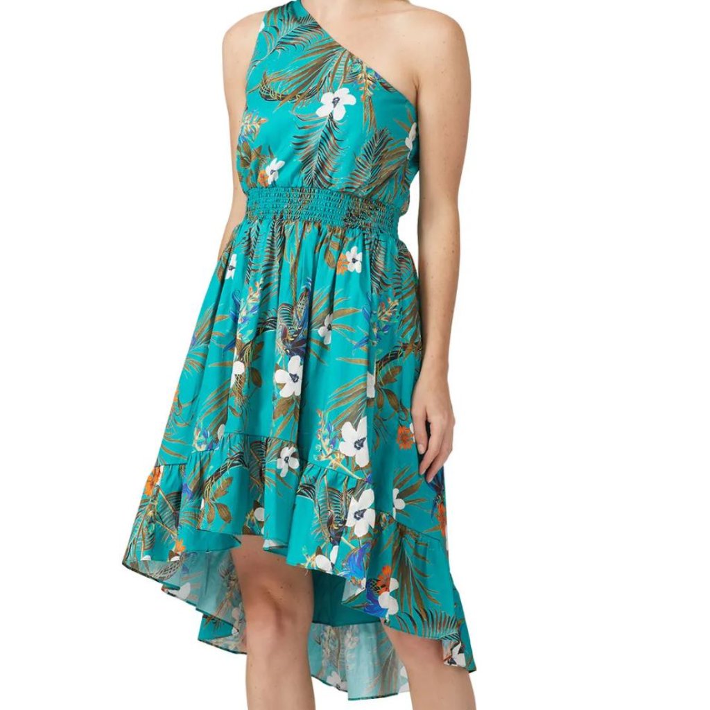 Slate & Willow | Floral Smocked Waist One Shoulder Hi-Lo Dress In Teal | Size 4